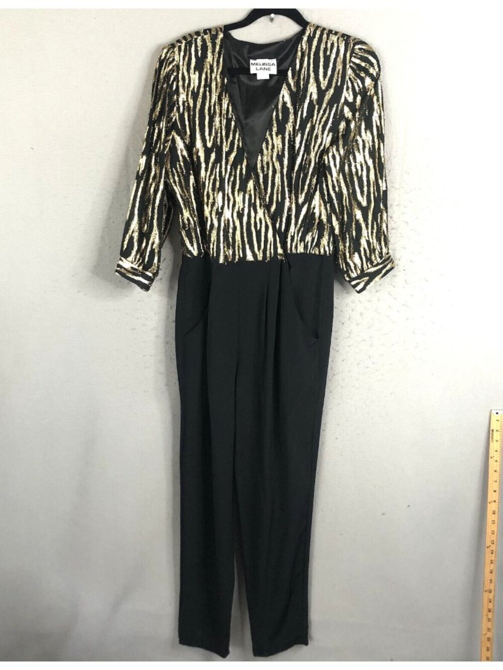 Vintage Melissa Lane Jumpsuit Women 16 Black Gold Metallic Fuzzy Rave Club Retro